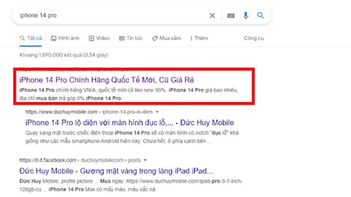 Hình 1: Search từ khóa “iPhone 14 pro”