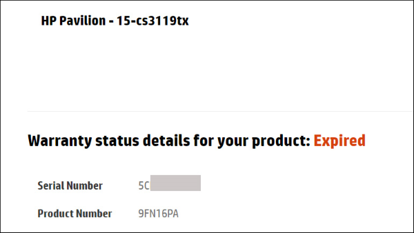 Kết quả cho biết tình trạng bảo hành của máy tính HP
