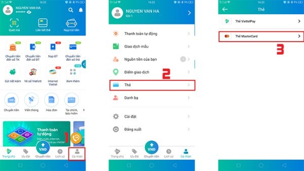 Chọn mục Cá nhân >> chọn Thẻ >> chọn Thẻ Mastercard