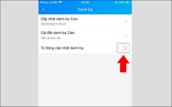 tắt đồng bộ danh bạ zalo