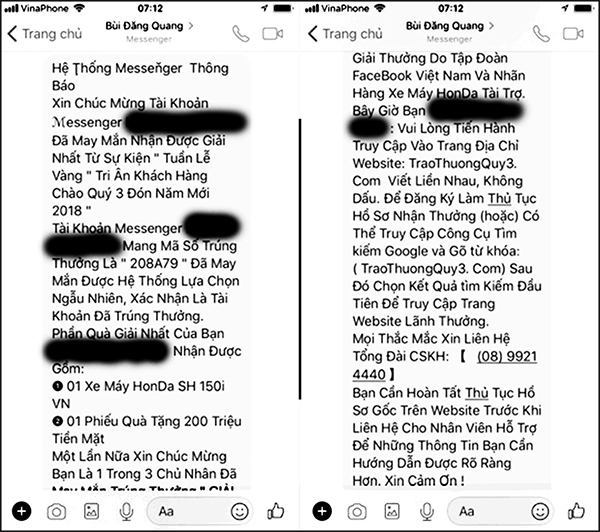 những tin nhắn lừa đảo trên Facebook