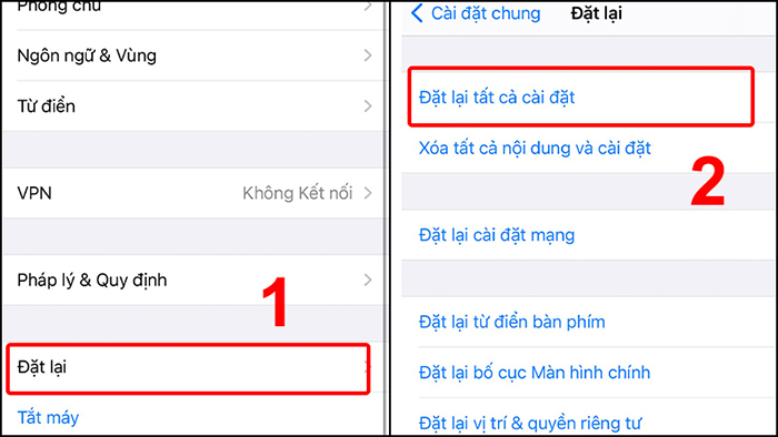 Chọn đặt lại và đặt lại tất cả cài đặt