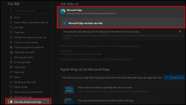 Chọn mục Giới thiệu về Microsoft Edge