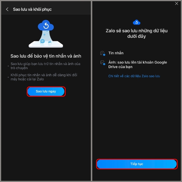 Nhấn chọn Sao lưu ngay