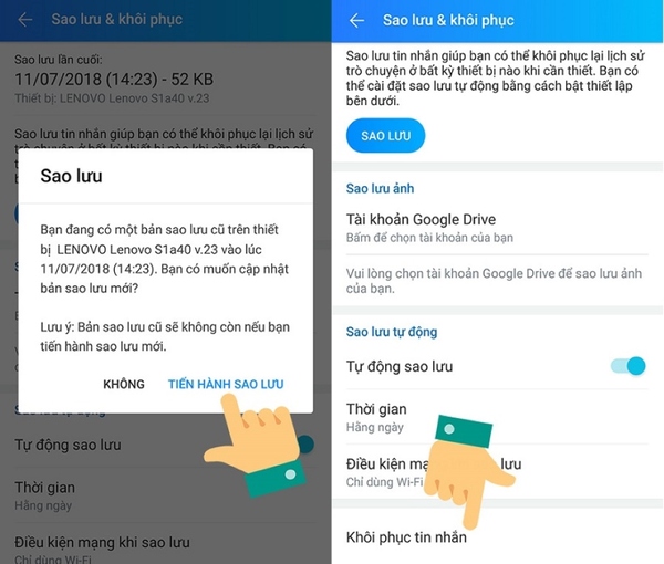 Nhấn vào nút Khôi phục tin nhắn ở dưới cùng