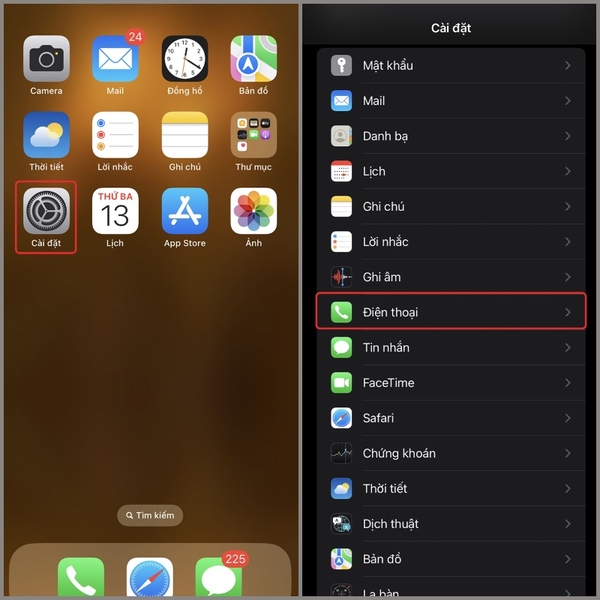 Tìm kiếm và nhấn chọn mục Điện thoại