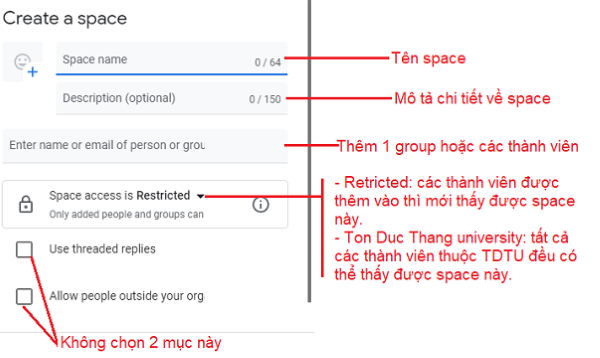 Nhập thông tin tạo phòng chat trên Google Chat