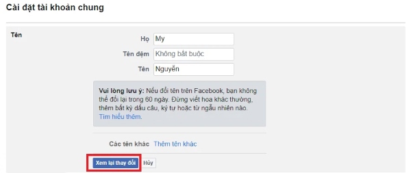đổi tên Facebook