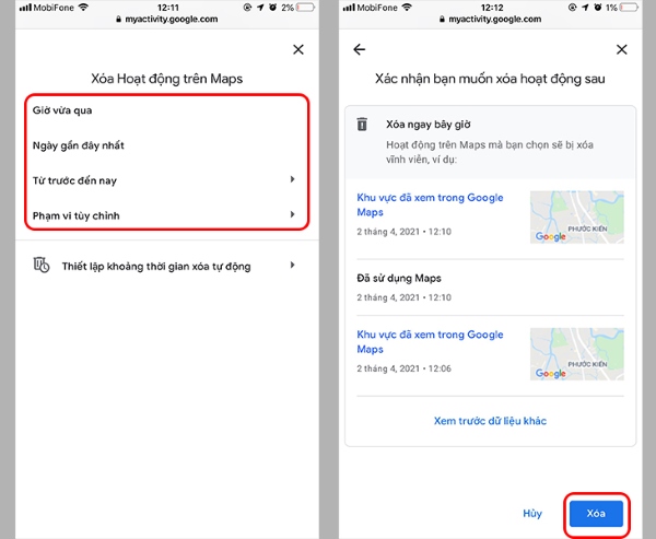 Chọn thời gian xóa lịch sử