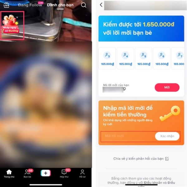 Cách nhập mã mời tiktok