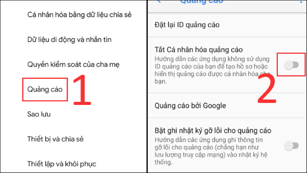 Chọn mục Tắt Cá nhân hóa quảng cáo