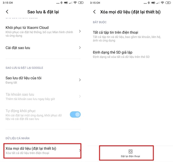 Chọn tiếp mục Xóa mọi dữ liệu (đặt lại thiết bị)