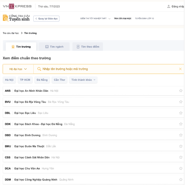 tra cứu điểm chuẩn đại học