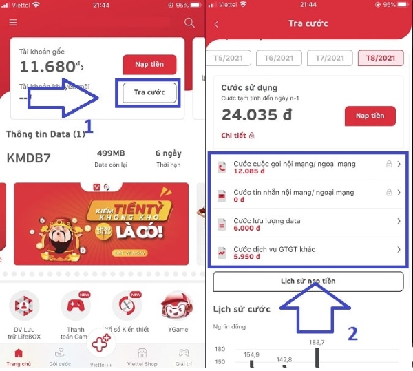 kiểm tra các dịch vụ đang sử dụng viettel