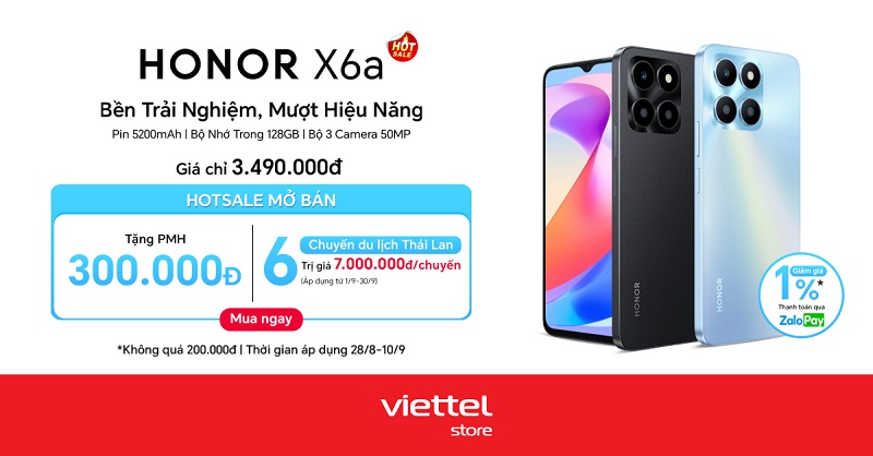 Viettel Store chính thức mở bán HONOR X6a giá chỉ 3.490.000đ, cùng cơ hội trúng chuyến du lịch Thái Lan