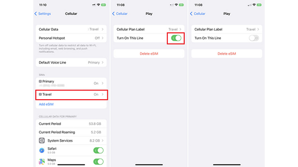 Lần lượt các bước tắt/xoá eSIM thứ tự từ trái qua phải 