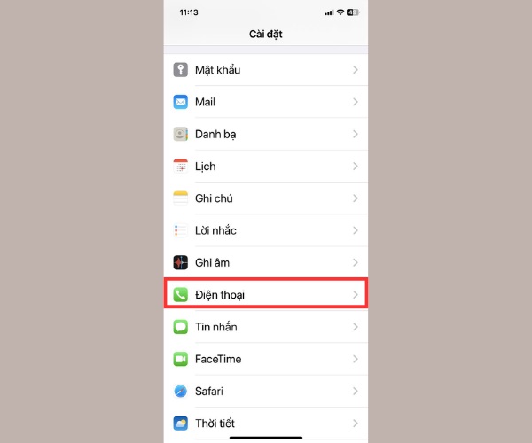 Chọn mục Điện thoại trong phần Cài đặt