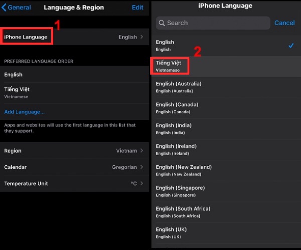 Nhấn chọn tiếng Việt