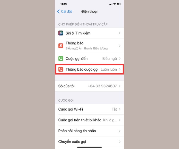 Trong giao diện Điện thoại, chọn mục thông báo cuộc gọi