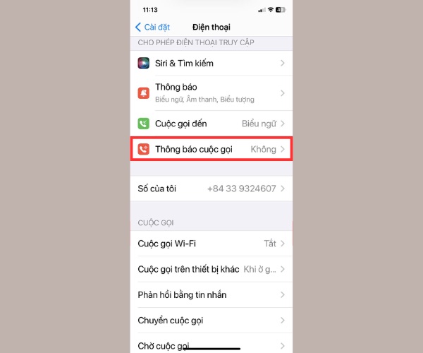 Nhấn chọn vào mục Thông báo cuộc gọi