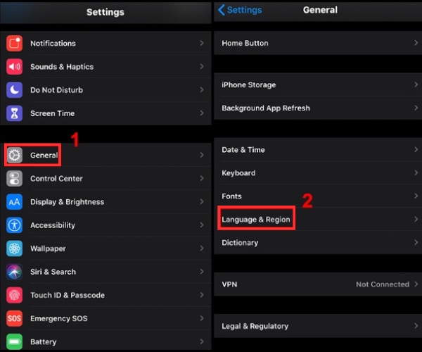 Vào cài đặt chọn mục Ngôn ngữ và khu vực