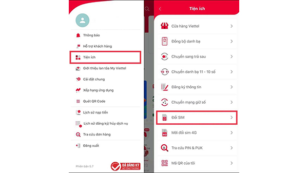 Sau khi mở ứng dụng My Viettel, bạn tìm đến Menu, chọn mục "Đổi SIM"