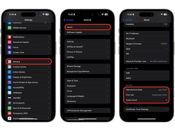 Các thao tác để kiểm tra số chu kỳ pin trên iPhone 15