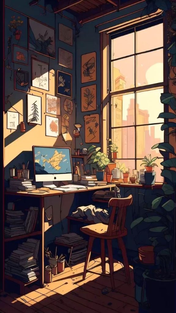 Hình nền vẽ góc học tập bên ô cửa sổ lớn theo phong cách anime