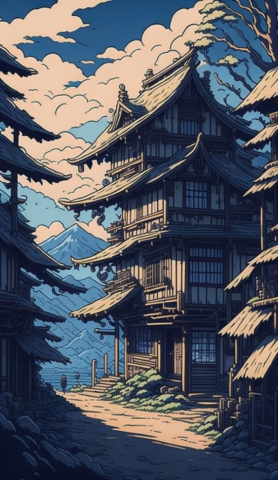 Hình nền vẽ tòa tháp Nhật Bản trong anime