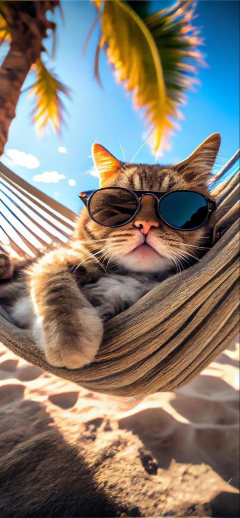 Hình ảnh chú mèo đeo kính ngộ nghĩnh đang nằm nghỉ trên bãi cát vô cùng đáng yêu