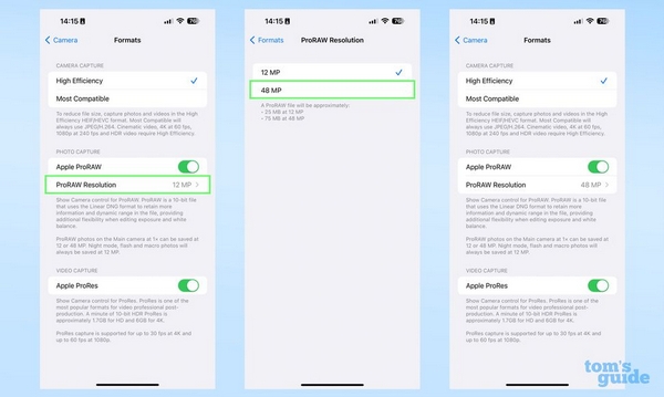 Tích chọn cảm biến 48MP trong danh mục ProRAW Resolution là hoàn tất