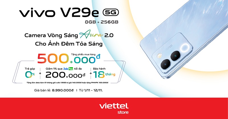 Hot sale mở bán – Mua Vivo V29e tặng phiếu mua hàng 500.000đ giá chỉ còn 8.490.000đ