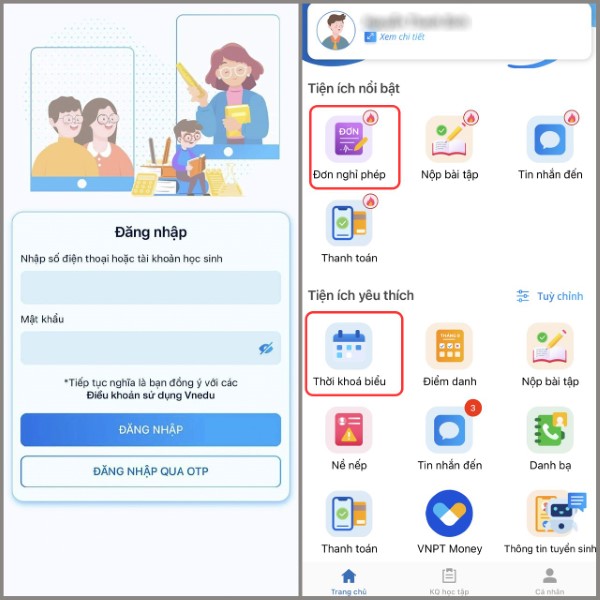 Chọn xem mục Thời khóa biểu