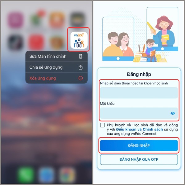 Nhập Số điện thoại đăng ký hoặc mã học sinh