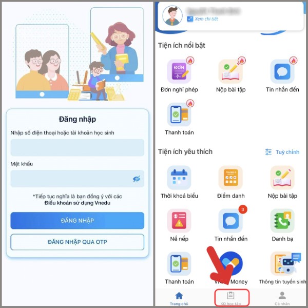 Đăng nhập và chọn mục KQ học tập