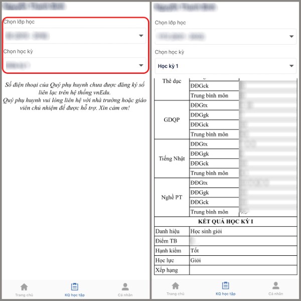 Chọn học kỳ để xem điểm số của học sinh