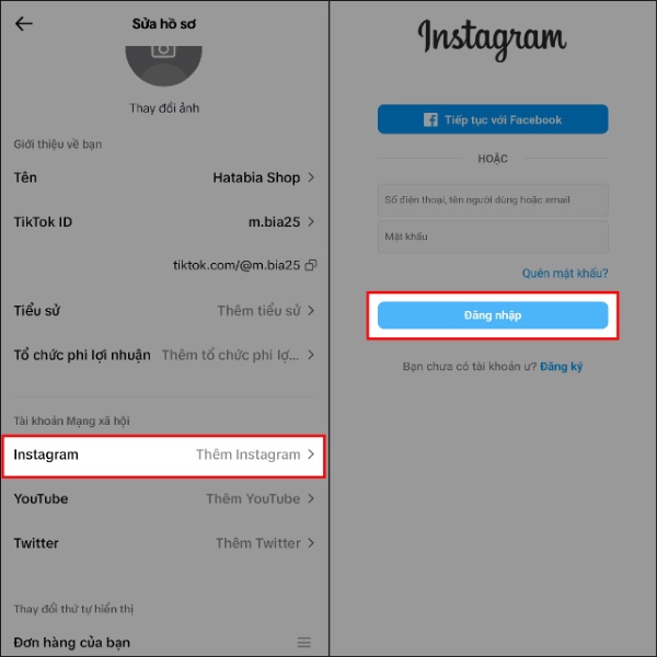 Nhấn chọn vào mục Thêm Instagram tại phần Tài khoản Mạng xã hội