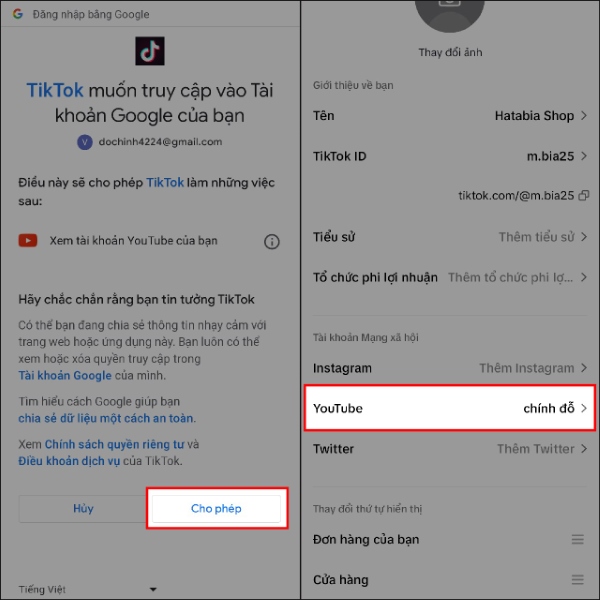 Nhấn vào mục Cho phép để đồng ý cấp quyền truy cập của TikTok vào tài khoản YouTube