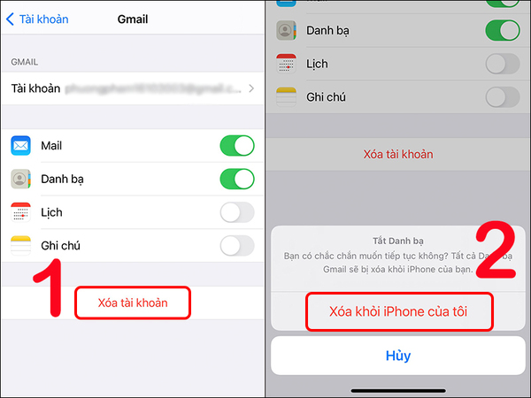 Màn hình iPhone hiển thị tùy chọn xóa tài khoản Gmail và xác nhận xóa khỏi thiết bị
