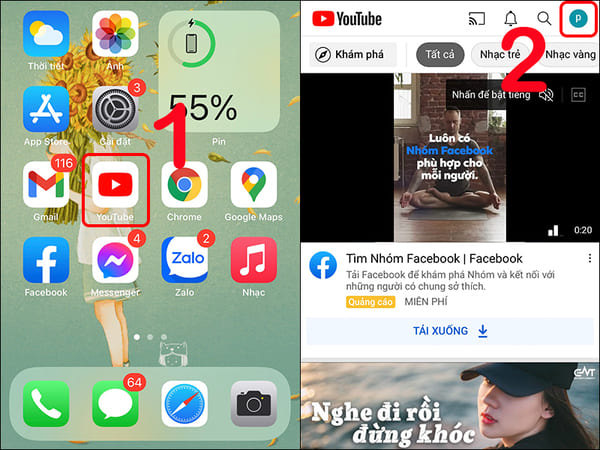 Mở YouTube trên iPhone rồi chạm vào ảnh hồ sơ ở góc trên bên phải