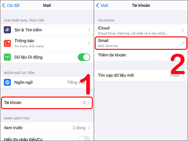 Màn hình iPhone hiển thị danh sách tài khoản trong mục Tài khoản để người dùng chọn và gỡ bỏ Gmail