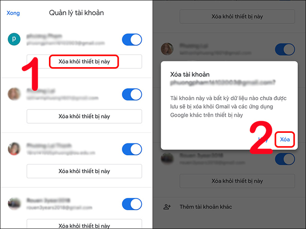 Chọn tài khoản Gmail cần gỡ bỏ rồi nhấn Xóa khỏi thiết bị này để hoàn tất việc xóa