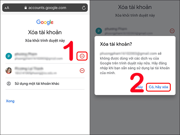 Cửa sổ xác nhận “Có, hãy xóa” khi gỡ bỏ tài khoản Google trên trình duyệt