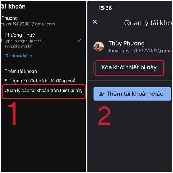 Vào Quản lý tài khoản trên thiết bị này, chọn tài khoản Gmail muốn gỡ và nhấn Xóa khỏi thiết bị này để kết thúc thao tác