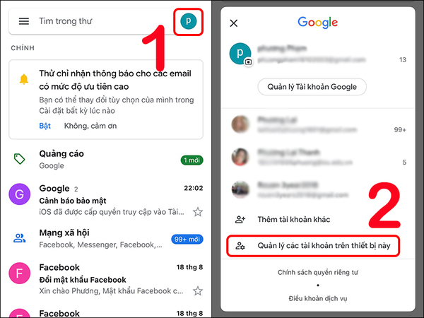 Màn hình Gmail trên iPhone hiển thị ảnh hồ sơ và mục Quản lý tài khoản