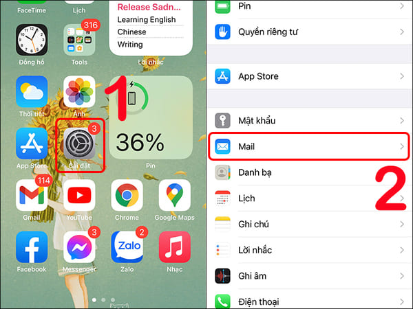 Chọn giao diện Cài đặt trên iPhone với mục Mail để bắt đầu xóa tài khoản Gmail
