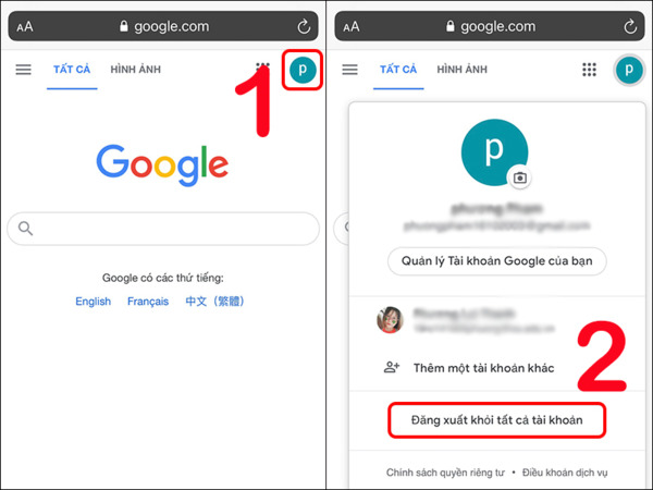 Tùy chọn “Đăng xuất khỏi tất cả tài khoản” hiển thị trên trình duyệt hoặc Safari