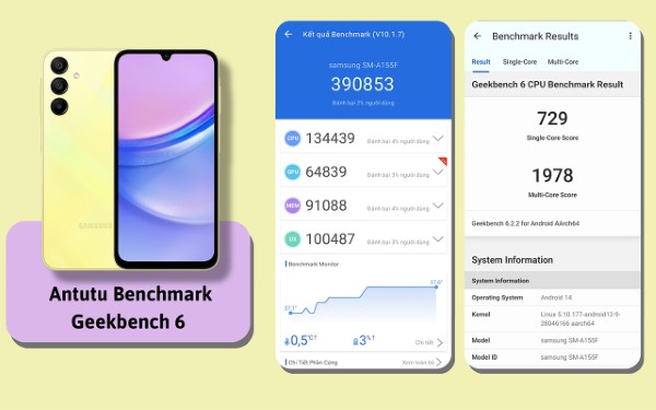 Mức điểm số của Galaxy A15 thông qua bài kiểm tra Geekbench 6.