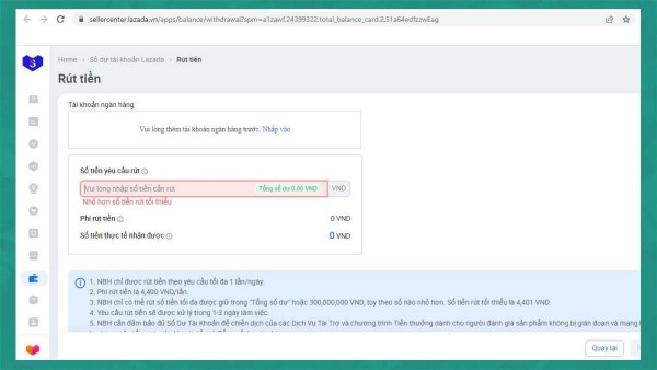 Rút tiền từ Lazada Seller Center.