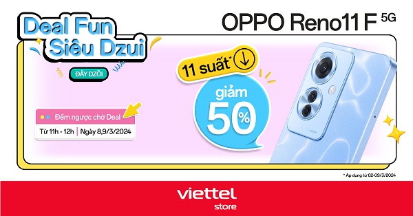 Chơi minigame vòng quay may mắn trúng voucher giảm 50% khi mua OPPO Reno11 F 5G